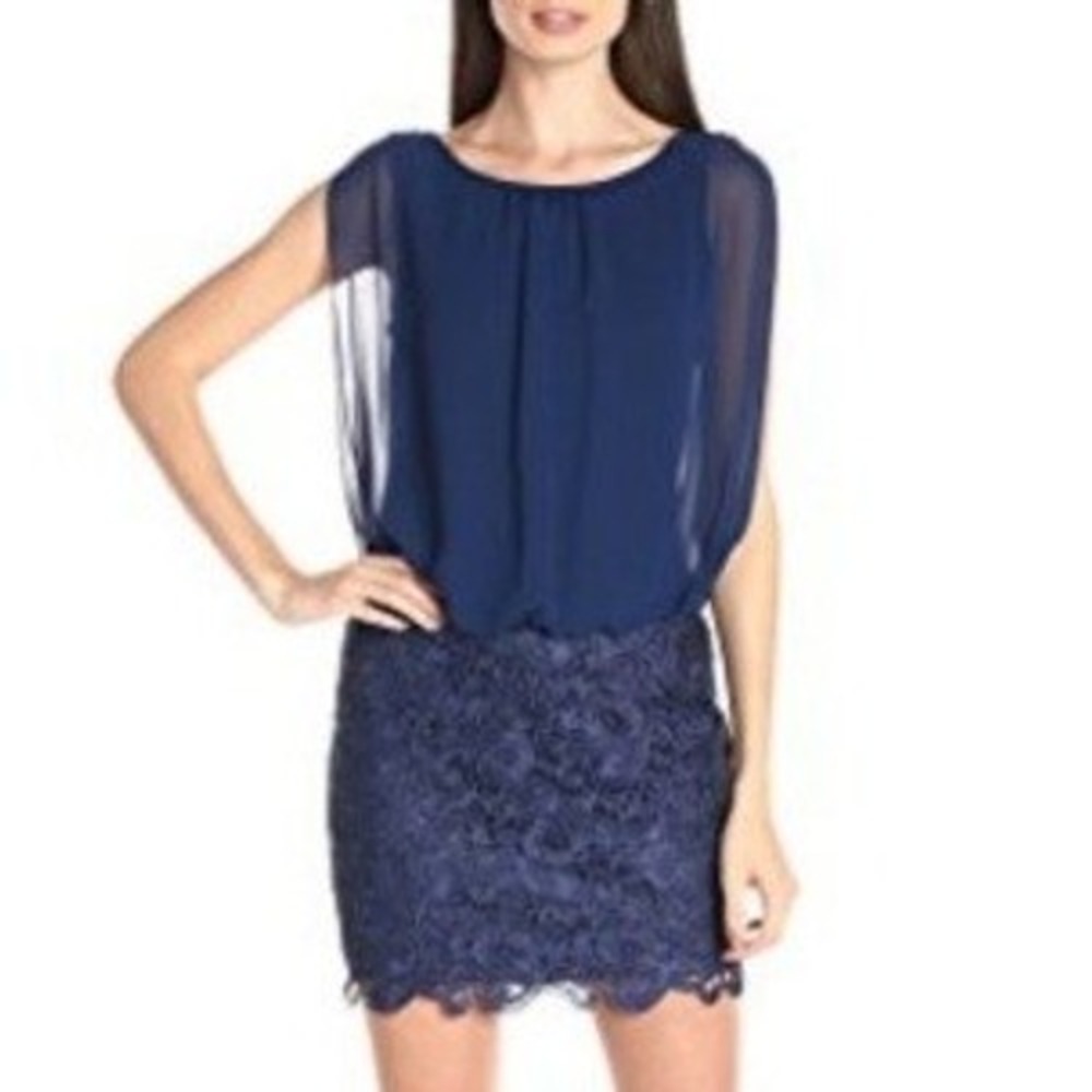 Aidan Mattox Navy Blue Chiffon and Lace Sheath Blouson Cocktail Dress  8  NWT